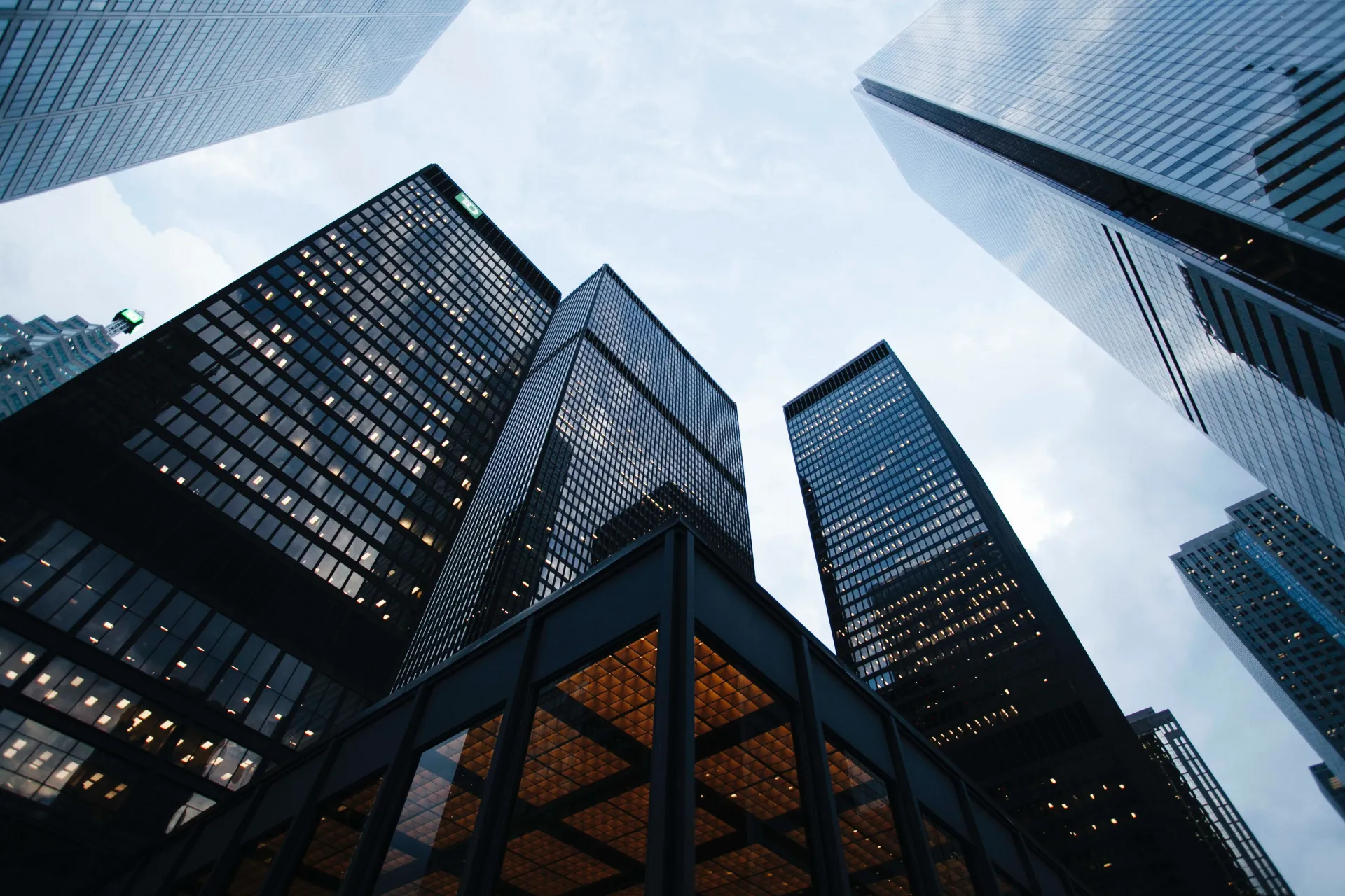 Modern office towers seen from below